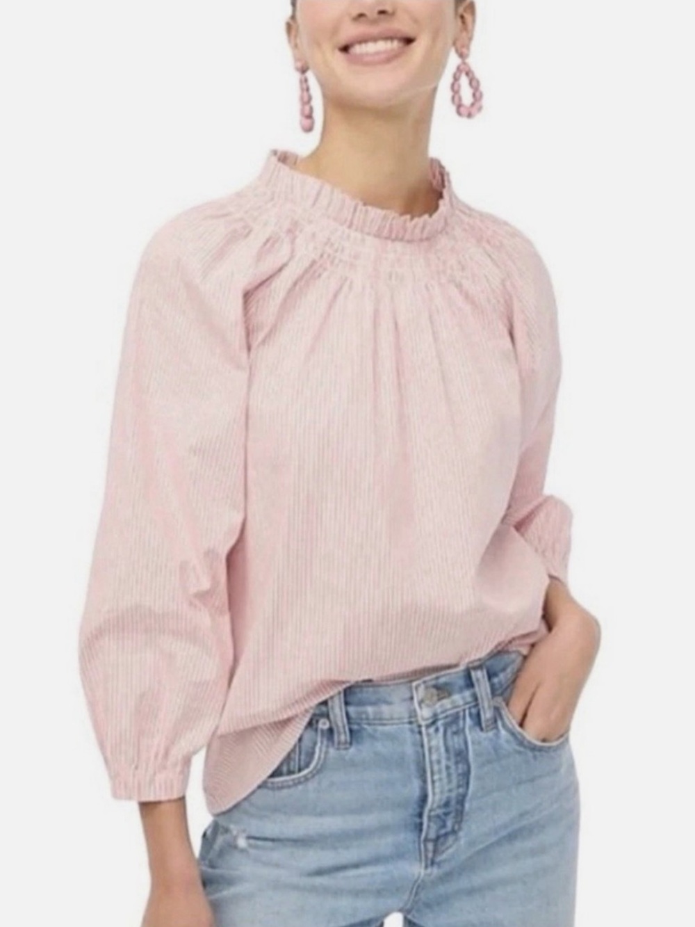 J. Crew Cotton Poplin Smocked Striped Top Pink White